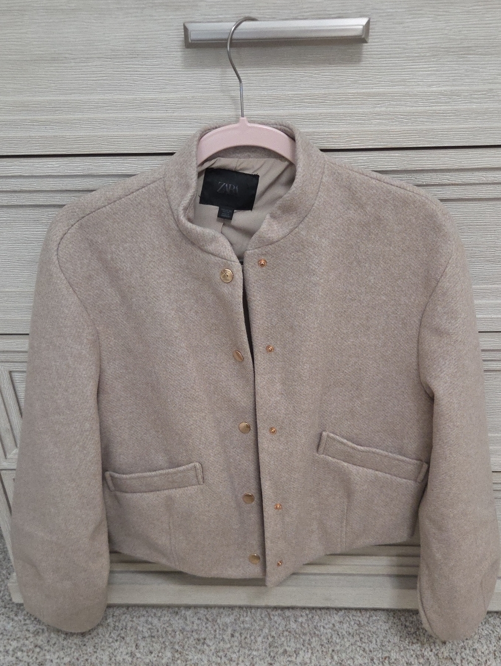 Zara Beige Collarless Wool-Blend Cropped Jacket